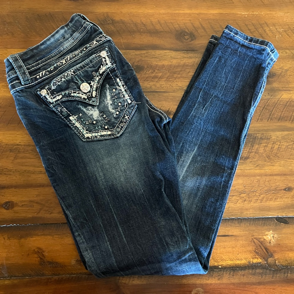 Miss Me Dark Blue Skinny Jeans with Embellished Back Pockets